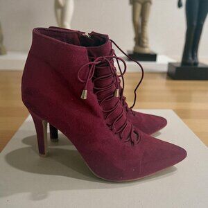 FOREVER Burgundy Lace Up Faux Suede Booties Heels Size 6.5